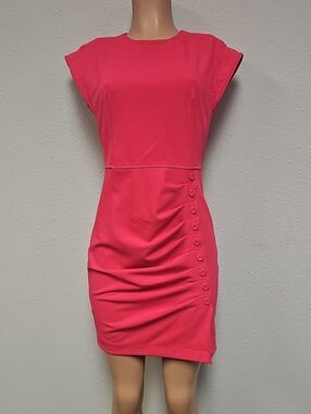Calvin Klein Hot Pink Cap-Sleeve Mini Dress with Side Button Detail